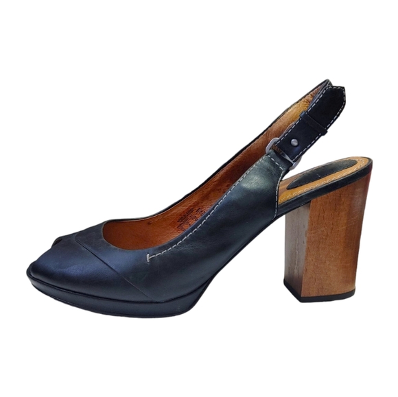 Fossil Black Leather Peep Toe Buckle Ankle  Wooden Block Heels Women's Size 10 - Picture 12 of 12